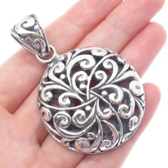 925 Sterling Silver Vintage Floral Ornate Oxidized Round...